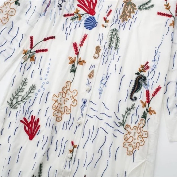 Lena Vie Embroidered Ocean Life Long Sleeve Cotton Button Down Tunic - Picture 7 of 8